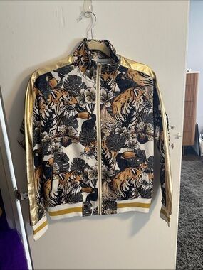 Tropical Tiger Print Bomber Jacket with Gold Accents
